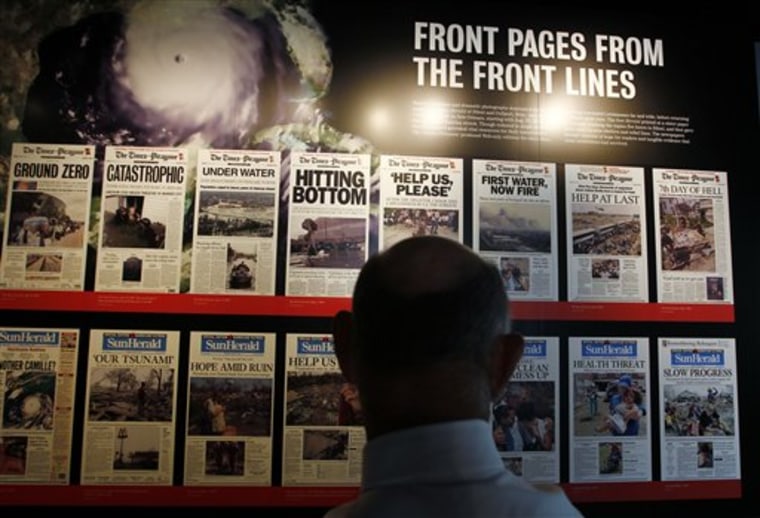 Front pages from the New Orleans Times-Picayune and the Biloxi Sun Herald are seen on display at the Newseum in Washington for their exhibit on press coverage of Hurricane Katrina and its aftermath.